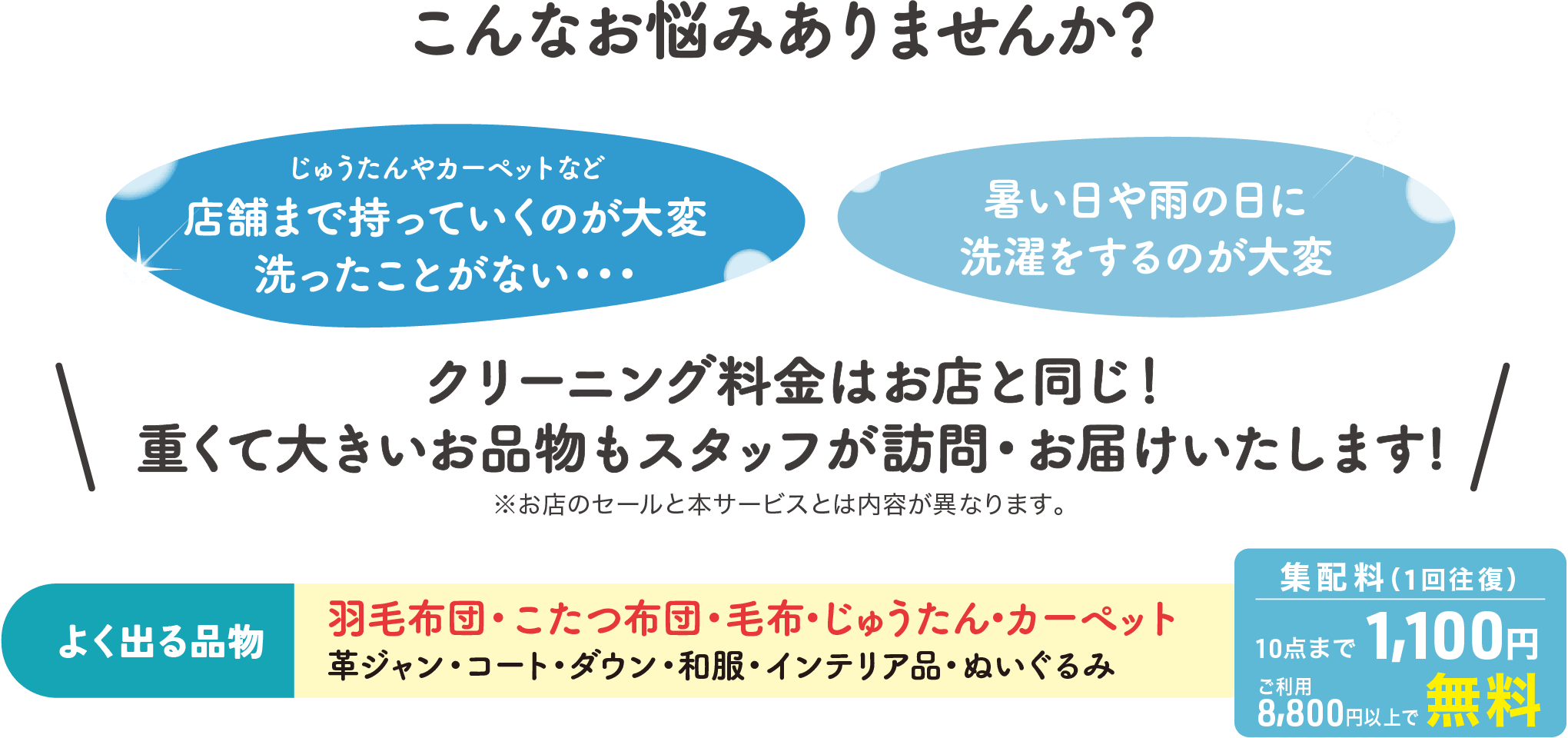 こんなお悩みありませんか？「じゅうたんやカーペットなど店舗まで持っていくのが大変 洗ったことがない…」「暑い日や雨の日に洗濯をするのが大変」クリーニング料金はお店と同じ！重くて大きいお品物もスタッフが訪問・お届けいたします！※お店のセールと本サービスとは内容が異なります。よく出る品物：羽毛布団・こたつ布団・毛布・じゅうたん・カーペット・革ジャン・コート・ダウン・和服・インテリア品・ぬいぐるみ 集配料（一回往復）：10点まで1,100円 ご利用8,800円以上で無料